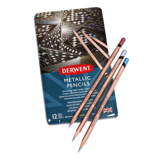 Derwent Metallic multicolores estuche de metal, solubles en agua Pack de 12 lápices 